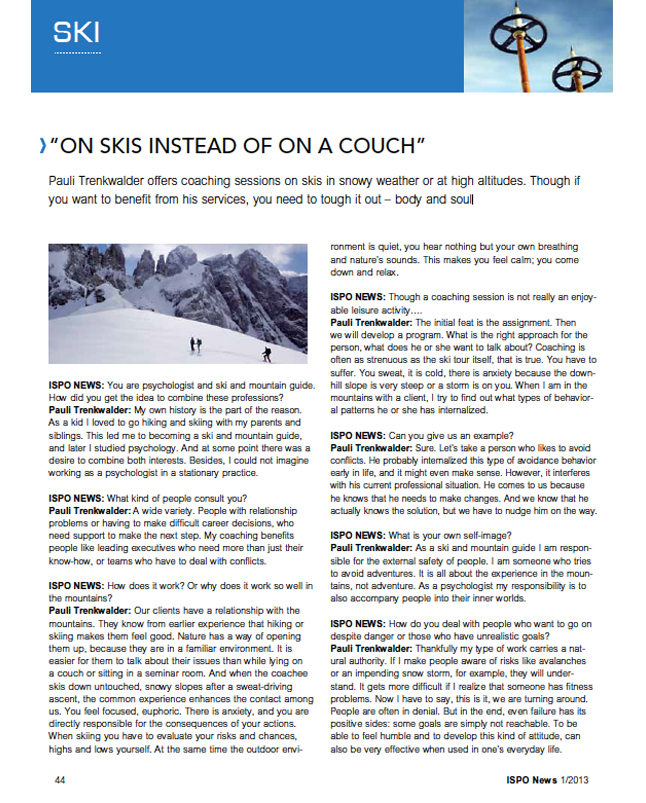 On skis instead of on a couch. ISPO News 3/2018 | Pauli Trenkwalder, Berge & Psychologie
