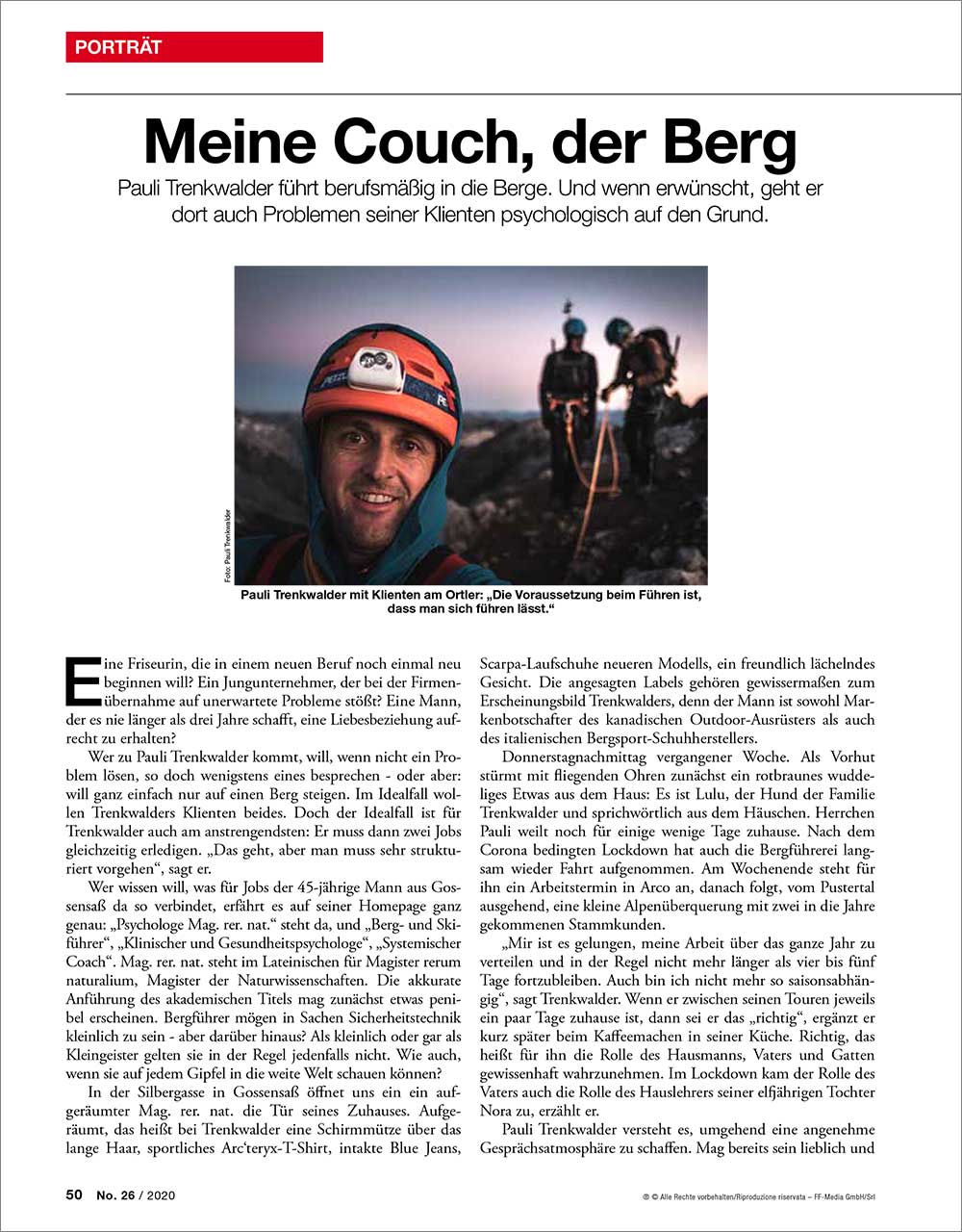 Meine Couch, die Berge. ff – das Südtiroler Wochenmagazin, No. 26/2020 | Pauli Trenkwalder, Berge & Psychologie
